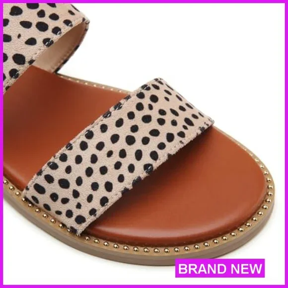 Women's Flat Sandals Slip On Double Strap Casual Summer Slides with Rivets - Picture 5 of 6